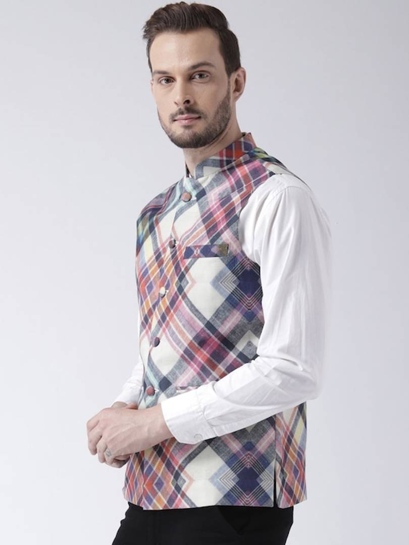 Men's Multicoloured 
Cotton Blend
 Checked
 Nehru Jackets